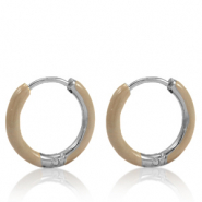 Stainless steel earrings creole enamel 14mm Beige Brown-Silver