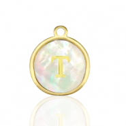 Stainless steel charms 12mm shell initial T White (natural colour)-Gold