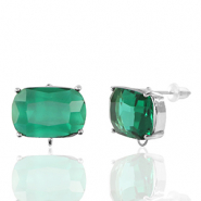 Crystal Glass earrings / earpins with loop rectangle Green-Silver