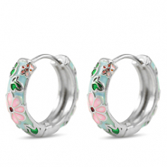 Brass TQ metal creole with enamel flower Silver-Pink Blue