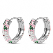 Brass TQ metal creole with enamel flower Silver-Pink White