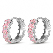 Brass TQ metal creole with enamel flower Silver-Pink