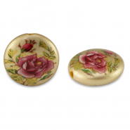 Glass beads 14mm flower Gold-Rose Red