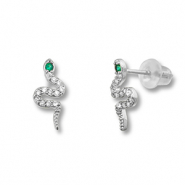 Brass TQ metal earrings / earpins snake Silver-Green