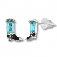 Brass TQ metal earrings / earpins cowboy boot Silver-Light Blue
