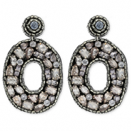 Trendy earrings / earpin with glass beads oval Black-Silver-Light Blue