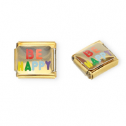 Stainless steel charms for italian bracelet "Be happy" Gold-Multicolour