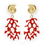 Trendy earrings&nbsp;/&nbsp;earpins enamel shell & coral with stainless steel post Gold-Dark Red
