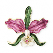 Brooches flower with strass Gold-Orchid Pink-Green-White