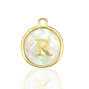 Stainless steel charms 12mm shell initial R White (natural colour)-Gold