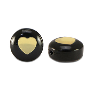 Glass beads rondelle heart Black-Gold