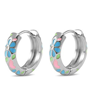 Brass TQ metal creole with enamel flower Silver-Pink Blue