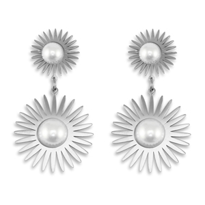 Stainless steel earrings / earpins sun with imitation pearls Silver