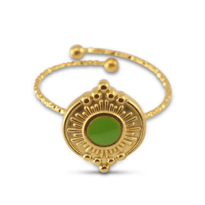 Stainless steel rings enamel round Gold-Light Green