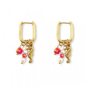 Stainless steel earrings seahorse Gold-Red-White