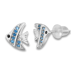 Brass TQ metal earrings / earpins fish Silver-Light Blue