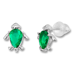 Brass TQ metal earrings / earpins turtle Silver-Green
