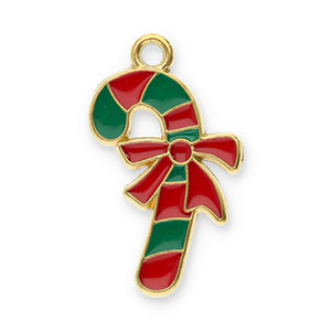 Stainless steel charms candy cane with bow Gold-Red-Green