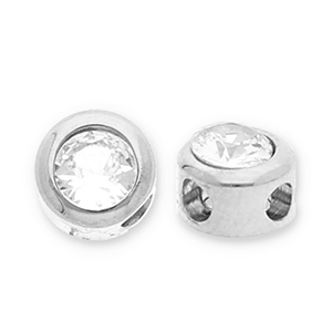 Stainless steel beads disc with strass Silver-Transparent